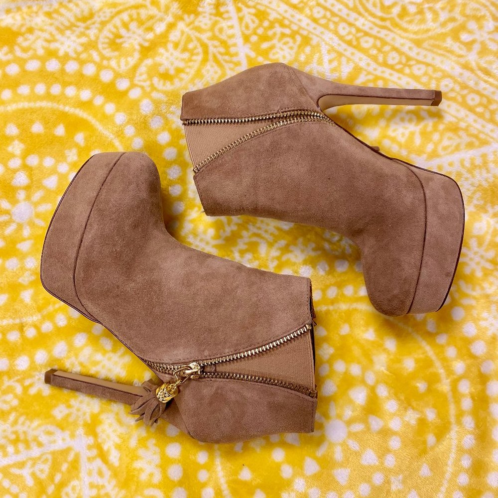 BEBE Beige Suede Tassel Booties SOLD